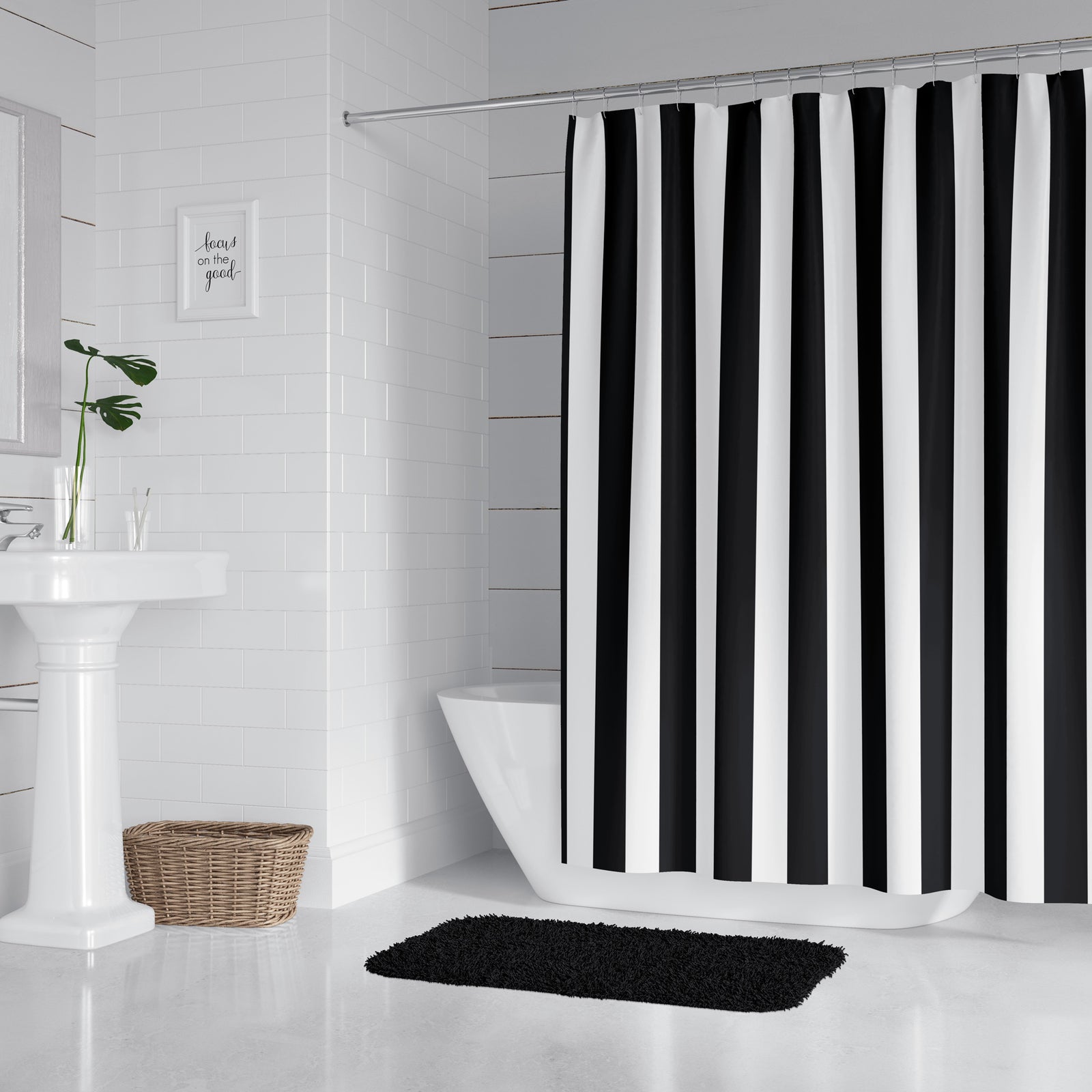 Black and white stripe shower curtain