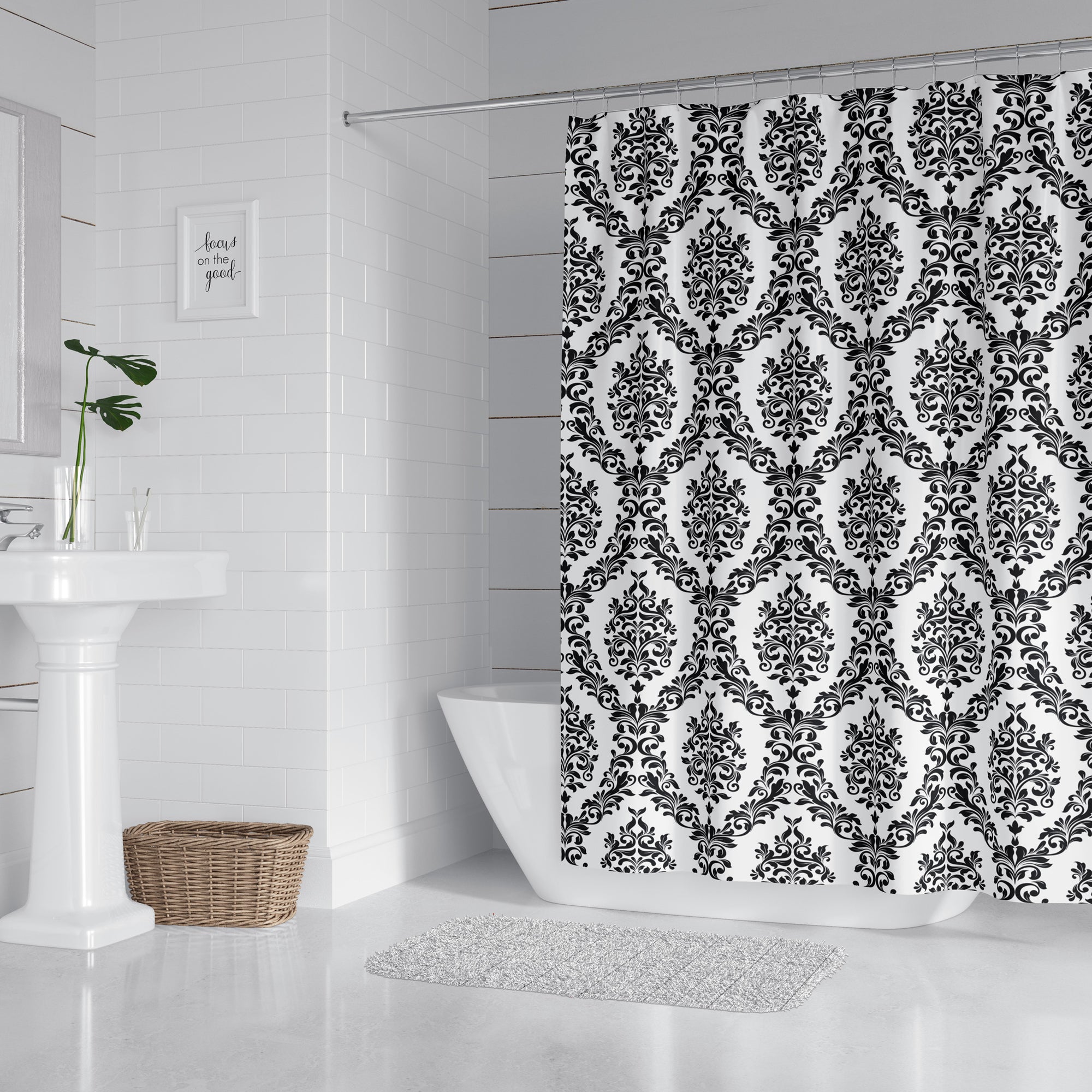 Shower curtain in black and white damask