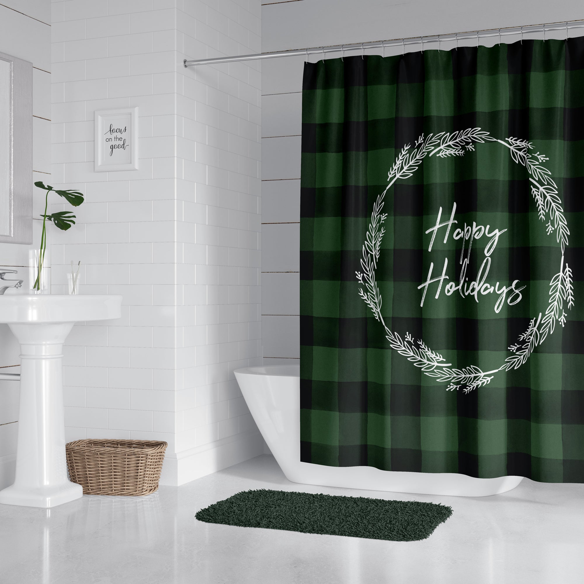 Happy Holidays Green Buffalo Plaid Shower Curtain