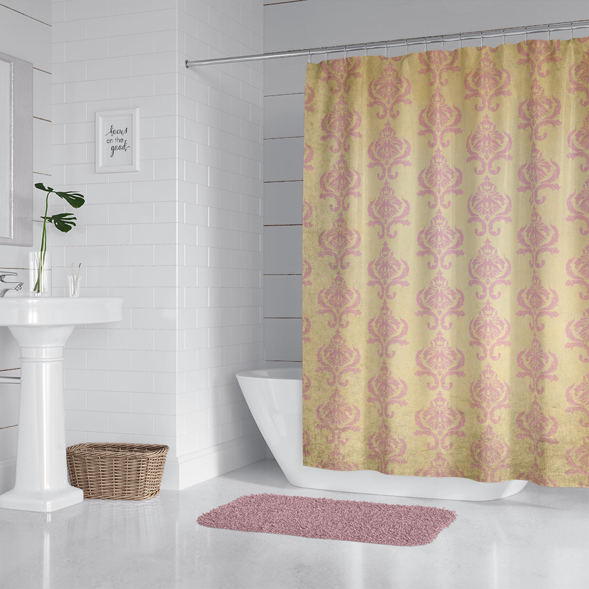 Pink and cream damask shower curtain