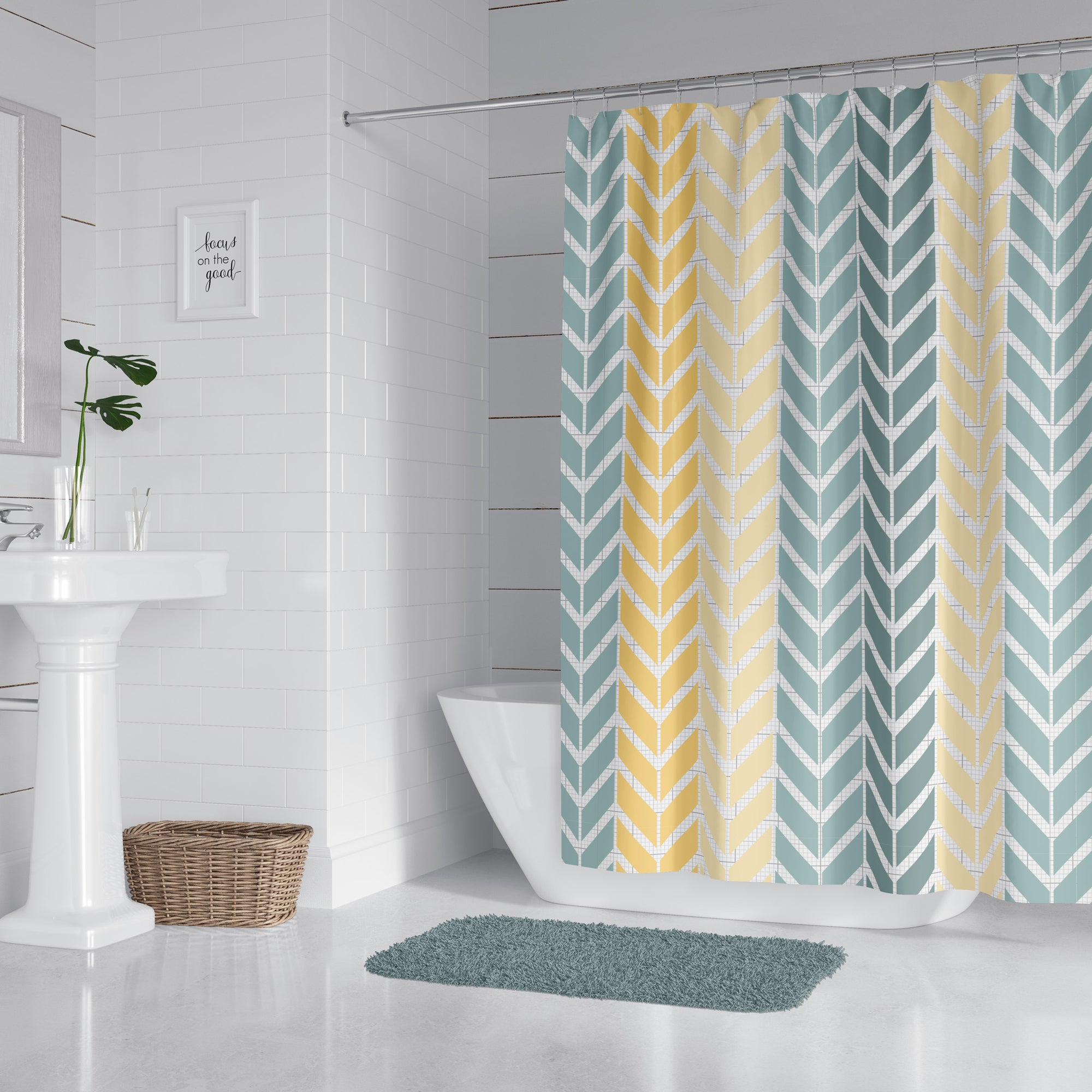 Yellow and blue shower chevron shower curtain