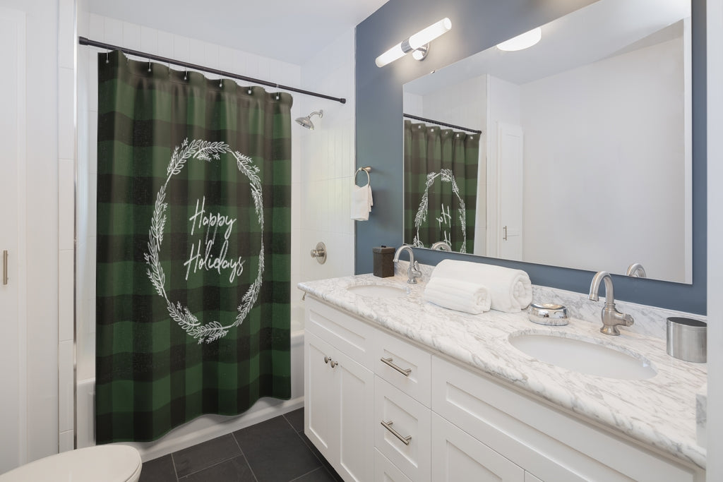 Happy Holidays Green Buffalo Plaid Shower Curtain