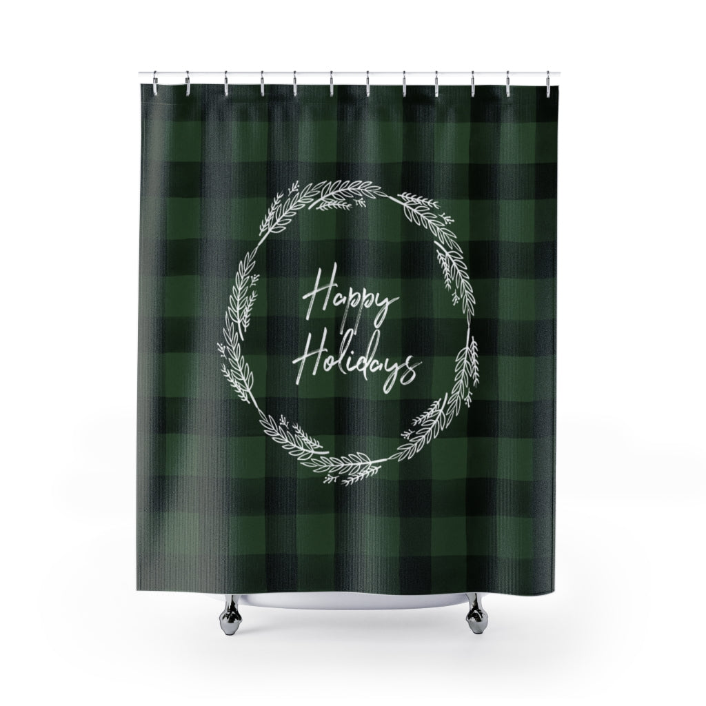 Happy Holidays Green Buffalo Plaid Shower Curtain